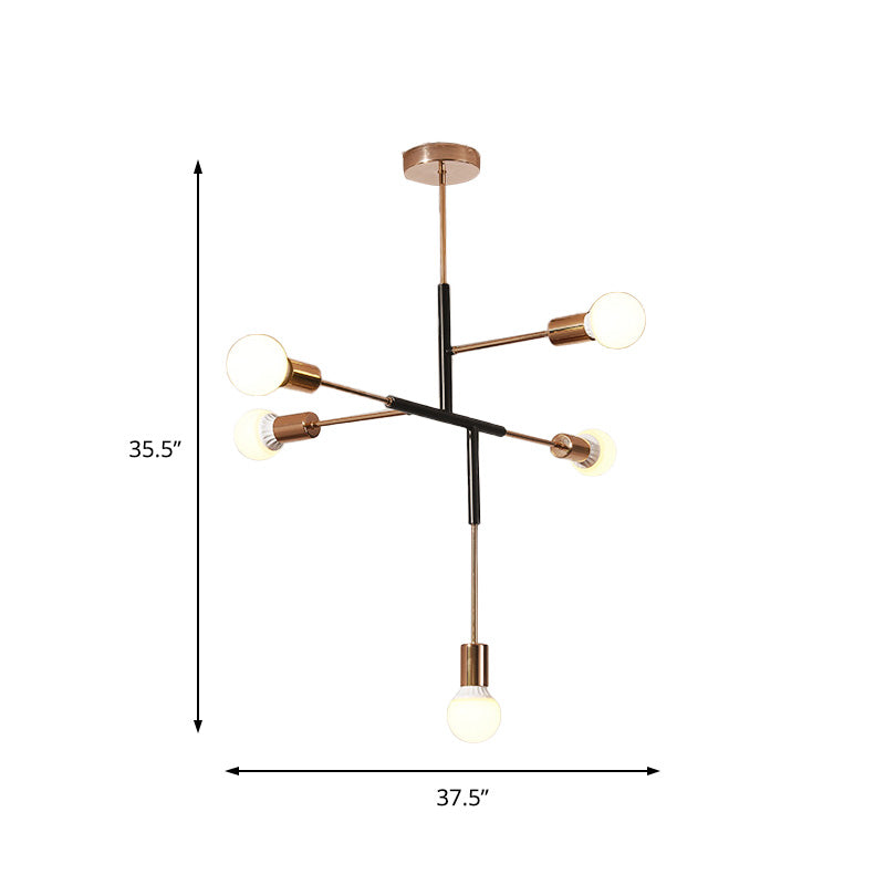 Rectilinear Metal Chandelier - Modern 5-Light White/Black Hanging Ceiling Light With Bare Bulb For