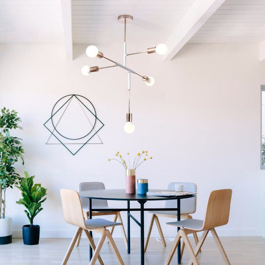 Modern 5-Light Rectilinear Metal Chandelier: White/Black Bare Bulb Hanging Ceiling Light For Dining