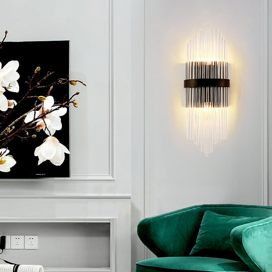 Modern Clear Crystal Prism Wall Sconce Light With Metal Square Backplate In Black 1/2-Pack / 1