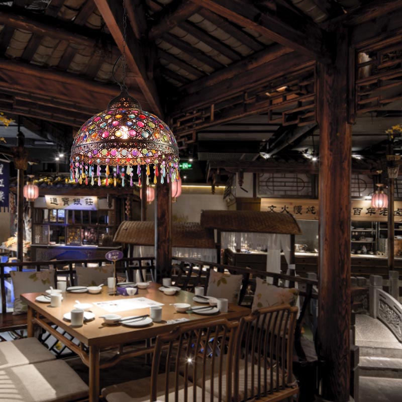 Boho Dome Pendant Light - Metal 1-Bulb Aged Brass/Rust Hanging Lamp With Crystal Bead For