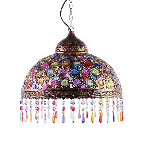 Boho Dome Pendant Light - Metal 1-Bulb Aged Brass/Rust Hanging Lamp With Crystal Bead For