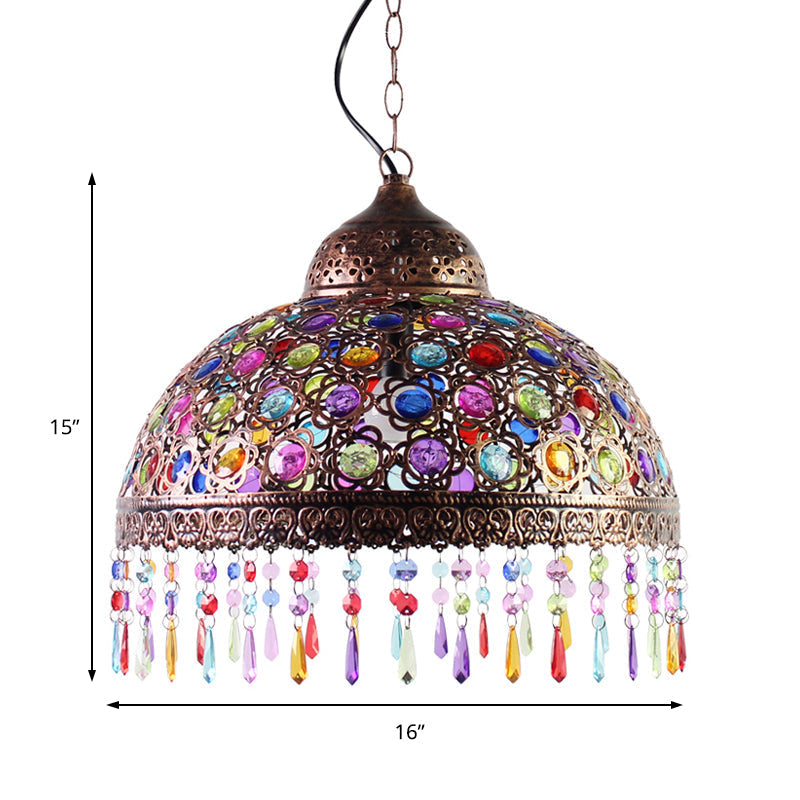 Bohemia Dome Pendant Light - Rustic Aged Brass With Crystal Bead Accent Ideal For Restaurants