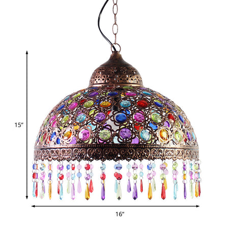 Boho Dome Pendant Light - Metal 1-Bulb Aged Brass/Rust Hanging Lamp With Crystal Bead For