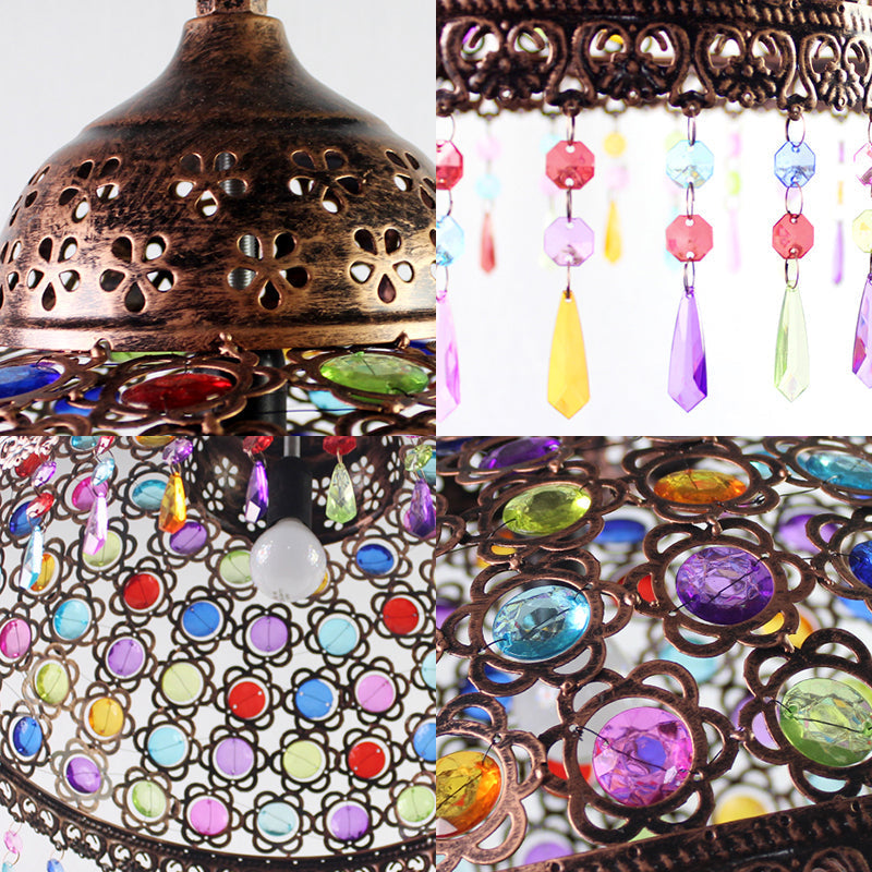 Bohemia Dome Pendant Light - Rustic Aged Brass With Crystal Bead Accent Ideal For Restaurants