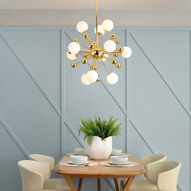 Gold Starburst Metal Chandelier Pendant Lamp With Multi Lights And White Glass Ball Shade -