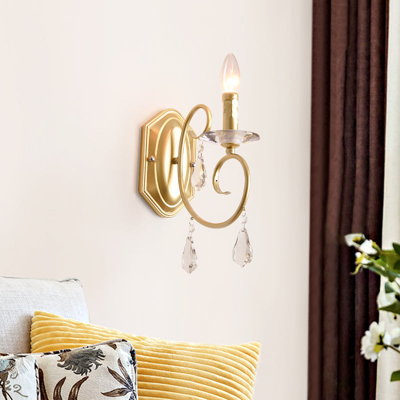 Modern Metal Wall Lamp - Elegant 1-Light Candle Sconce With Clear Crystal Deco In Gold For Corridor