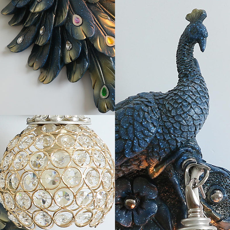 Peacock Blue Lodge Resin Wall Sconce Lighting With Clear Crystal Dome Shade - 1 Light Bedside
