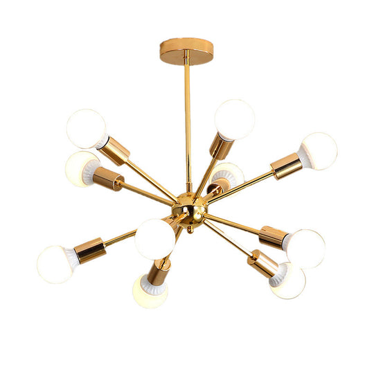 Modern Metal Starburst Chandelier Light - 6/10/12 Lights 26/38.5 Wide Gold Finish Bare Bulb Hanging