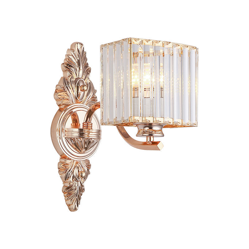 Contemporary Square Wall Sconce: Clear Crystal & Metal Carved Backplate Rose Gold