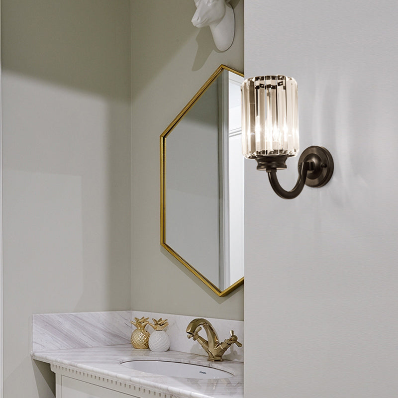 Modern Clear Crystal Drum Wall Lamp With Metal Curved Arm - Black Sconce Light Fixture