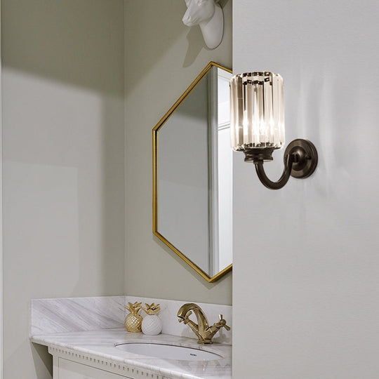 Modern Clear Crystal Drum Wall Lamp With Metal Curved Arm - Black Sconce Light Fixture