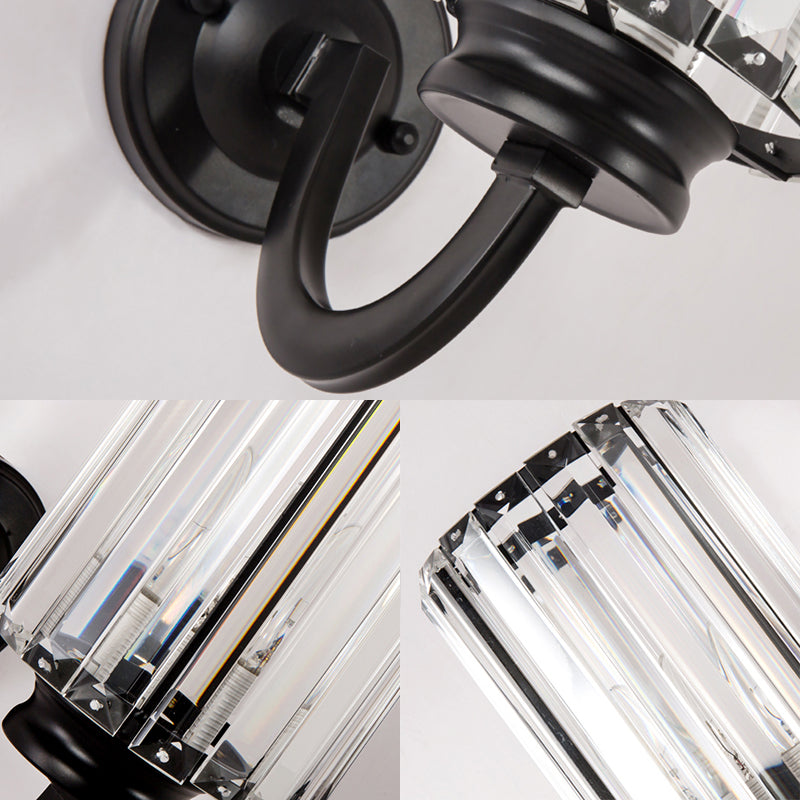 Modern Clear Crystal Drum Wall Lamp With Metal Curved Arm - Black Sconce Light Fixture
