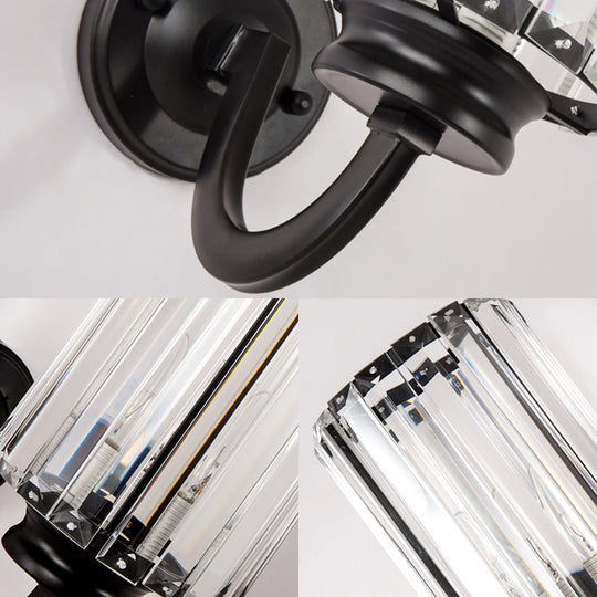 Modern Clear Crystal Drum Wall Lamp With Metal Curved Arm - Black Sconce Light Fixture
