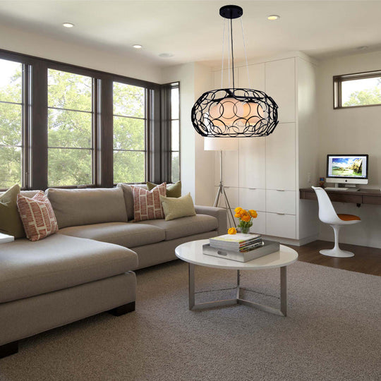 Contemporary Glass Chandelier - 3 White Lights With Cage Design Black