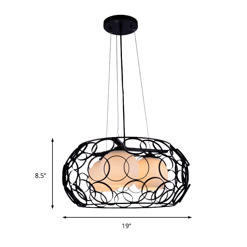 Contemporary White Glass Chandelier With Cage Design - 3-Light Hanging Ceiling Lamp