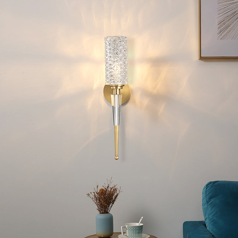 Contemporary Clear Crystal Wall Lamp With Gold Cylinder/Tapered Shade - 1 Light Sconce Fixture /