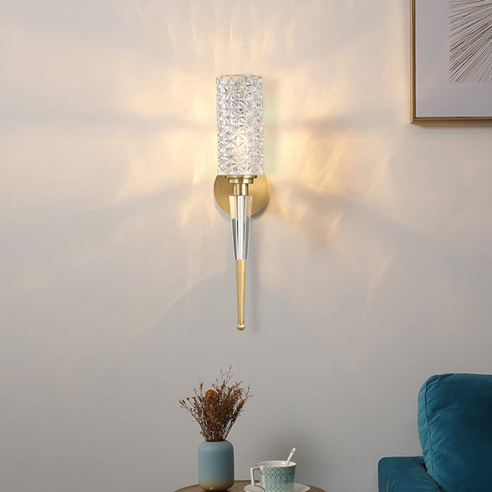 Contemporary Clear Crystal Wall Lamp With Gold Cylinder/Tapered Shade - 1 Light Sconce Fixture /