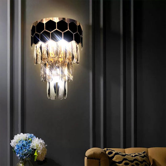 Tiered Wall Lamp With Crystal Block In Black - Modern Metal Lighting For Bedroom / A