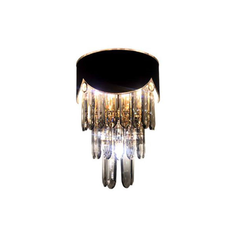 Tiered Wall Lamp With Crystal Block In Black - Modern Metal Lighting For Bedroom