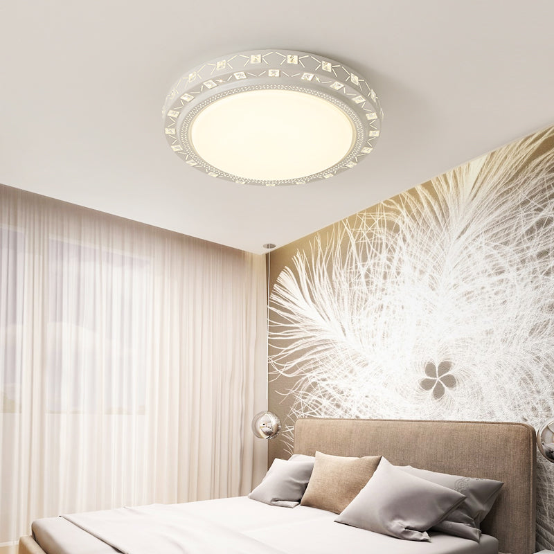 Modern White Drum Ceiling Flush Mount With Crystal Accent Led Fixture - Perfect For Bedrooms