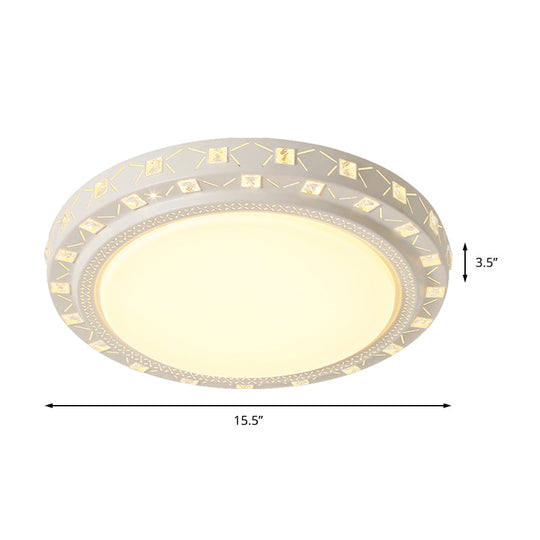 Modern White Drum Ceiling Flush Mount With Crystal Accent Led Fixture - Perfect For Bedrooms