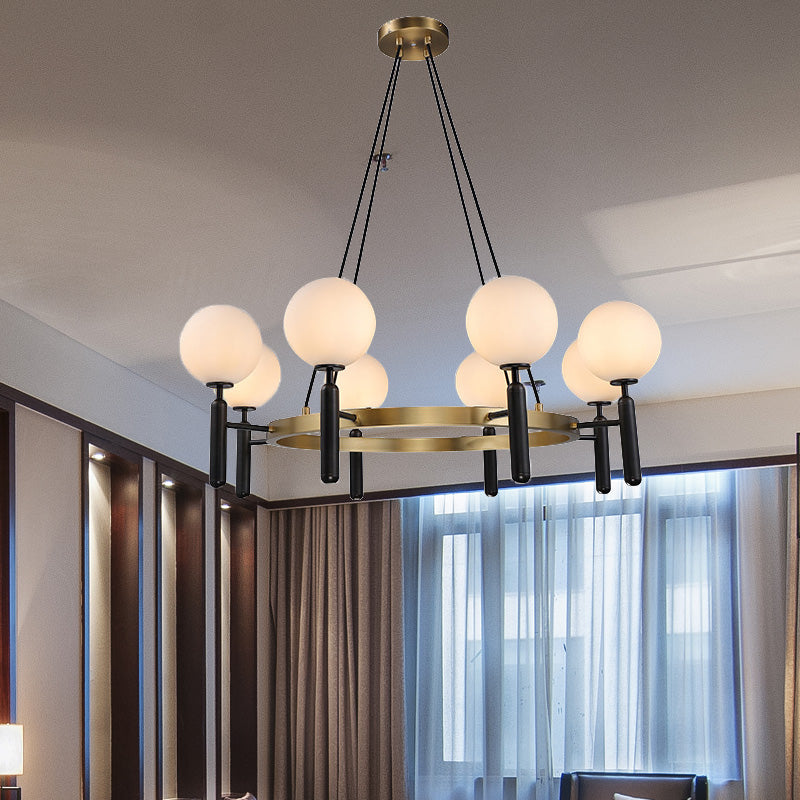 Modern White Glass Sphere Chandelier - Circular Design 8 Lights Black Hanging Fixture
