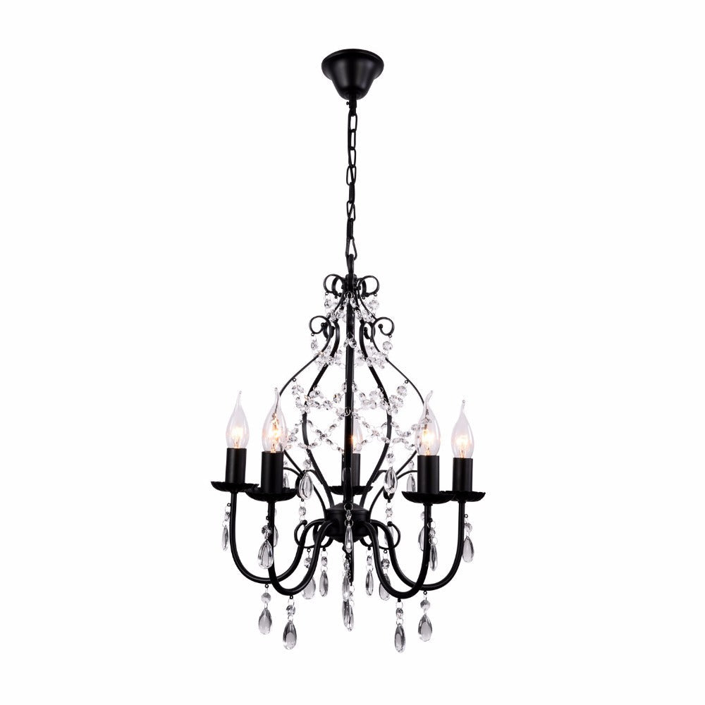 Industrial Crystal Chandelier Light: 5-Bulb Pendant Lamp With Flameless Candle Black Finish