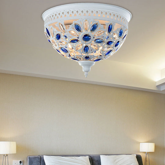 Modernist Bowl Flush Mount Ceiling Light With Crystal Gem Detail - 2-Light Metal Fixture In