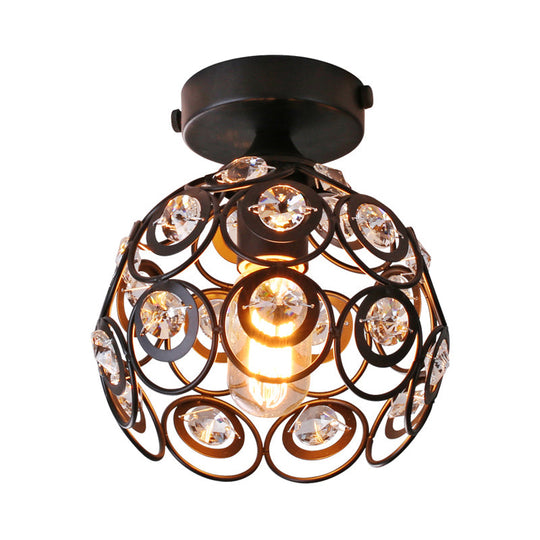 Modern Black Metal Semi Flush Pendant Light With Clear Crystal Deco - Dome Shade Ceiling Mounted