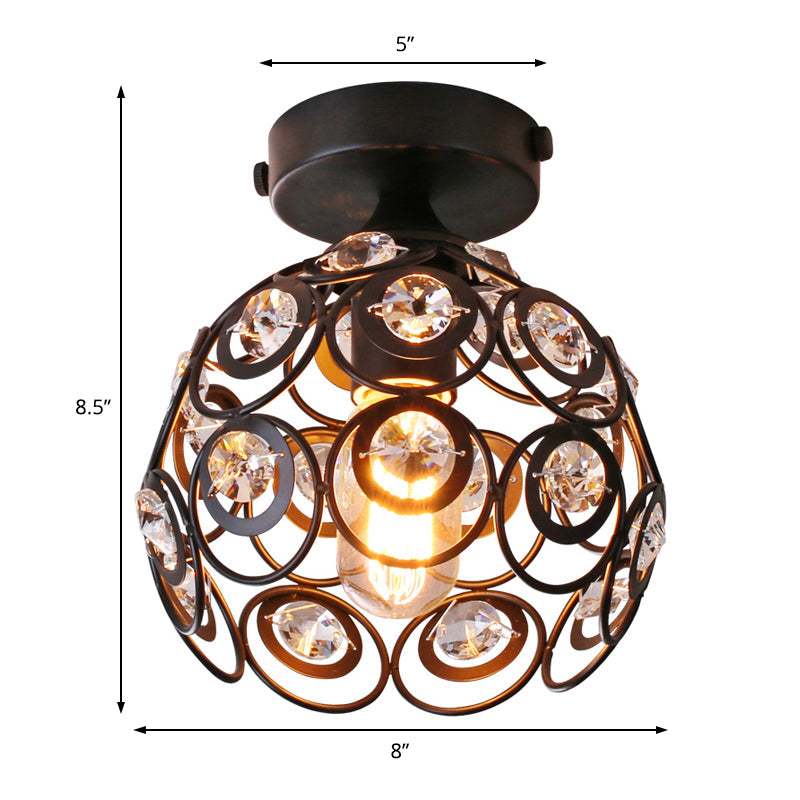 Modern Black Metal Semi Flush Pendant Light With Clear Crystal Deco - Dome Shade Ceiling Mounted