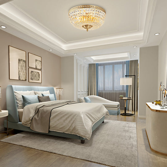 Vintage Golden Bowl Metal Ceiling Light With Clear Crystal Deco - 3 Lights Flush Mount Gold / 19.5