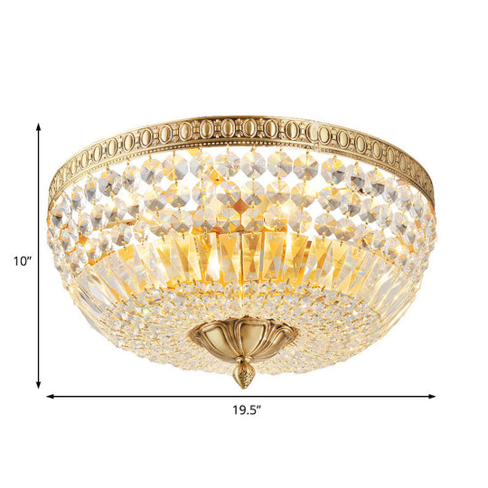 Vintage Golden Bowl Metal Ceiling Light With Clear Crystal Deco - 3 Lights Flush Mount