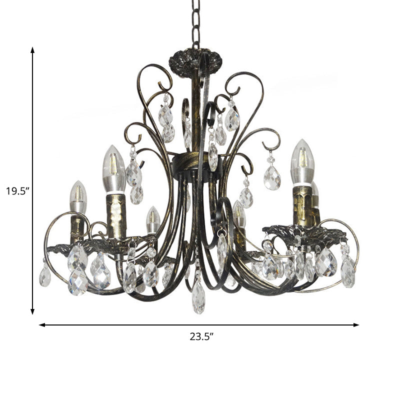 Rustic Candle Chandelier: Wrought Iron 6-Light Suspension Lamp With Crystal Accent - Brass Finish