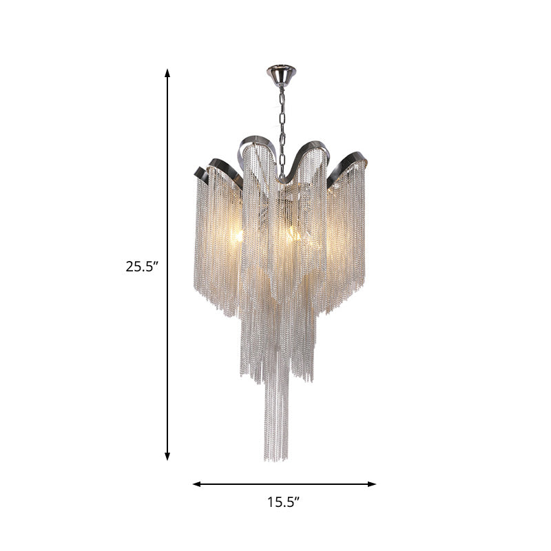Modern Nordic Style Silver Chandelier With Tassel Metal Accents - 4-Light Hanging Ceiling Fixture