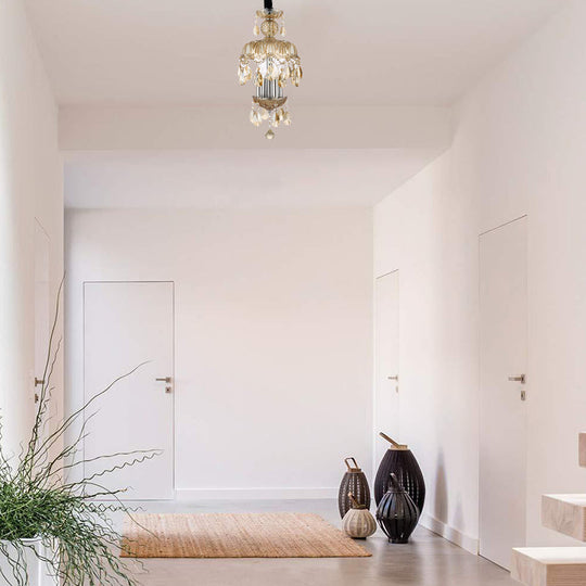 Vintage Style Crystal Teardrop Pendant Light With Amber Glass Shade - 4-Light Ceiling Fixture