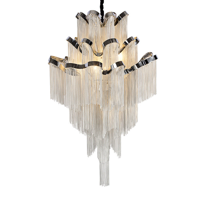 Modernist Nordic Style Metal Chain Chandelier - 8-Light Silver Ceiling Light Fixture