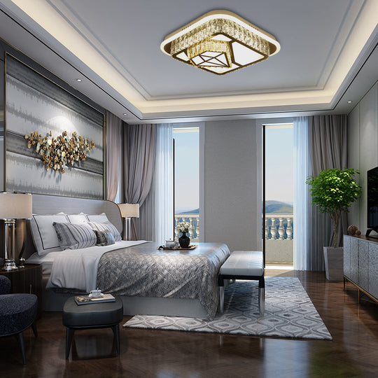 Modern Square/Flower Flush Ceiling Light - Clear Crystal Led White Bedroom