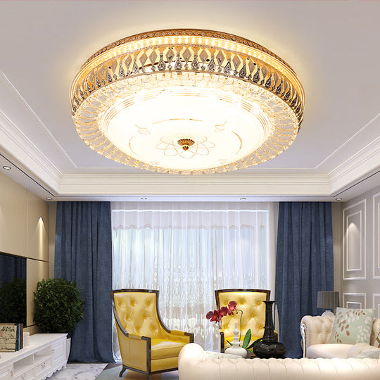 Vintage Brass Led Ceiling Light Fixture With Crystal Flush Mount Lamp And White Glass Shade -