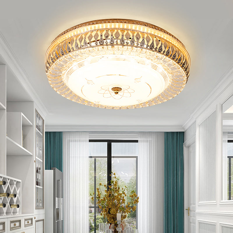 Vintage Brass Led Ceiling Light Fixture With Crystal Flush Mount Lamp And White Glass Shade -