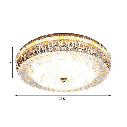 Vintage Brass Led Ceiling Light Fixture With Crystal Flush Mount Lamp And White Glass Shade -