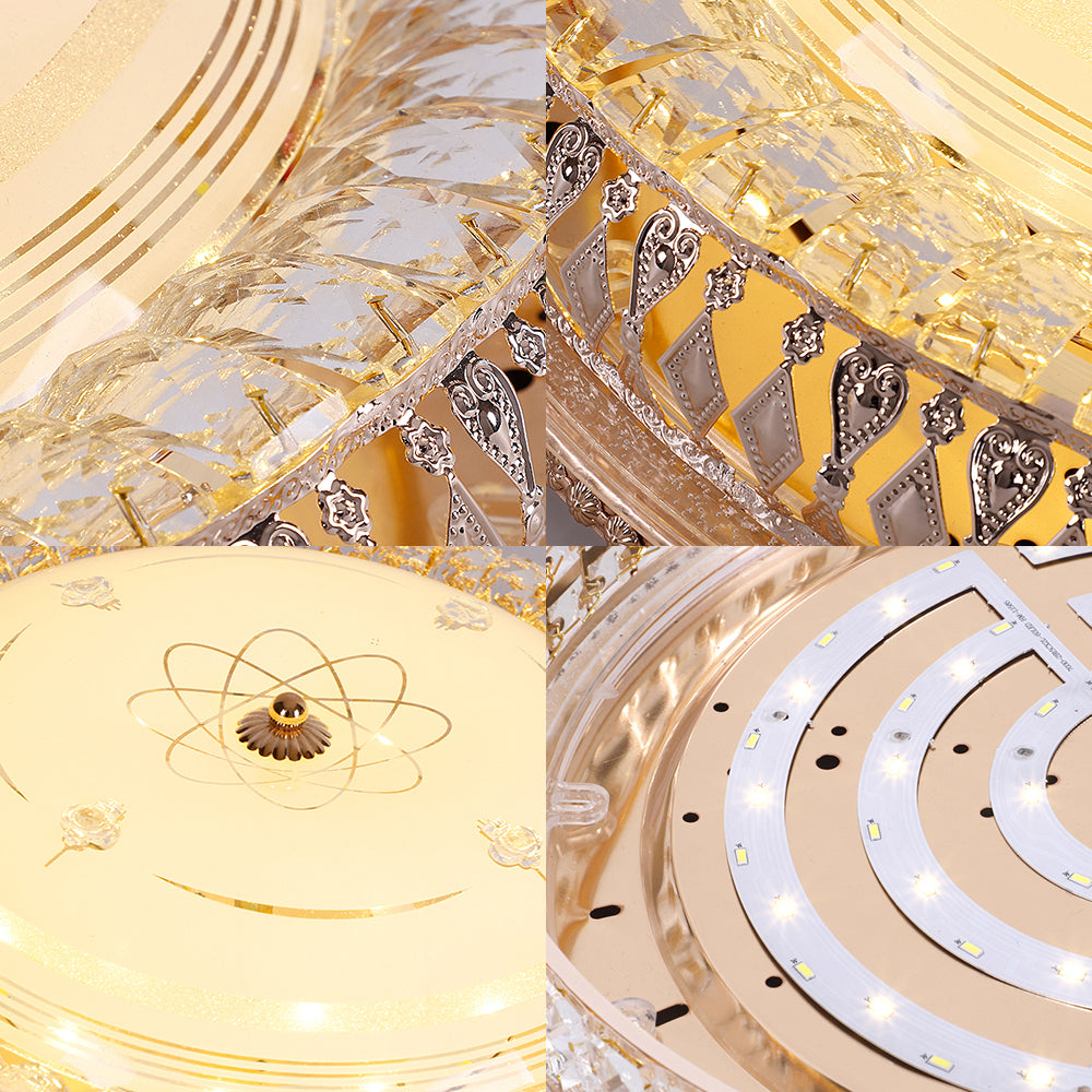 Vintage Brass Led Ceiling Light Fixture With Crystal Flush Mount Lamp And White Glass Shade -