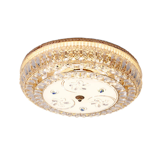 Led Drum Flush Light: Modern Crystal Ceiling Fixture With Gold Flower/Butterfly Pattern