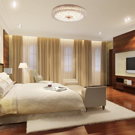 Gold Metal And Crystal Led Flushed Ceiling Light With Peacock/Floral Pattern - 16’/19.5’ Wide