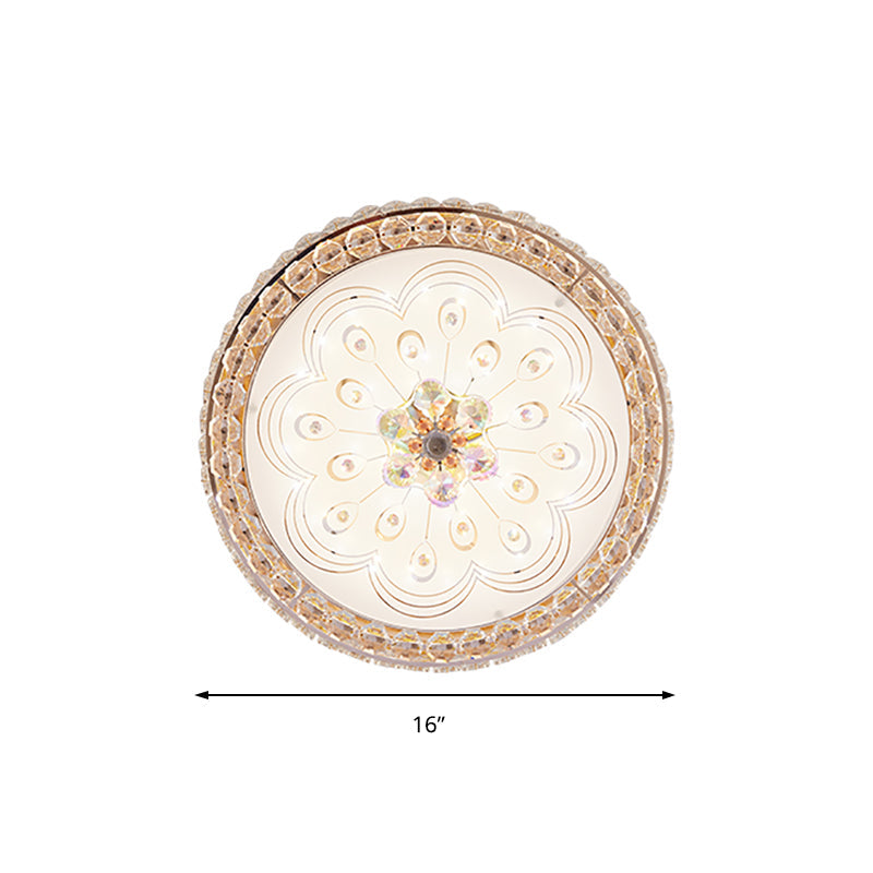 Gold Metal And Crystal Led Flushed Ceiling Light With Peacock/Floral Pattern - 16/19.5 Wide