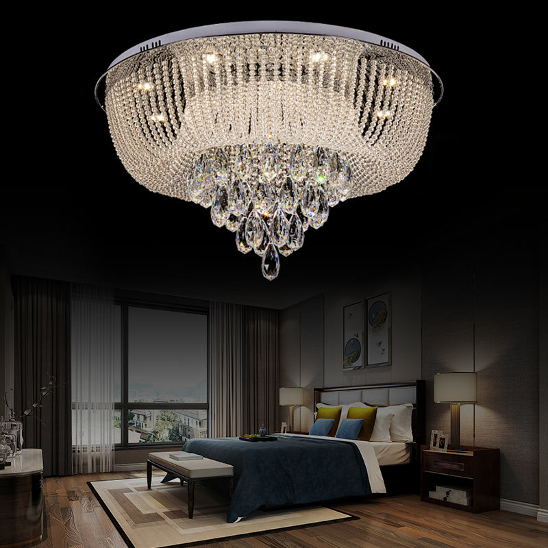 Modern Led Clear Crystal Flush Mount Light With Round Shade For Bedroom