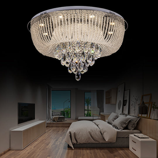 Modern Led Clear Crystal Flush Mount Light With Round Shade For Bedroom