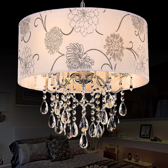 Contemporary White Drum Chandelier - 5-Light Hanging Fixture With Flower Pattern And Crystal Bead