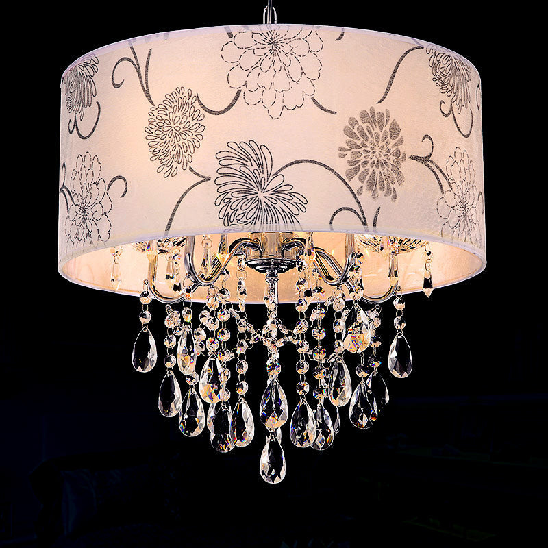 Contemporary White Drum Chandelier - 5-Light Hanging Fixture With Flower Pattern And Crystal Bead