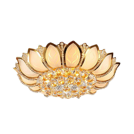 Vintage Petal Flushed Gold Ceiling Light With Frosted Glass & Clear Crystal Ball Décor - 18/19.5 W