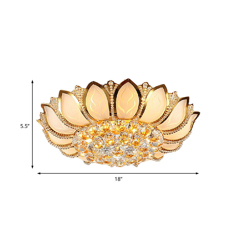 Vintage Petal Flushed Gold Ceiling Light With Frosted Glass & Clear Crystal Ball Décor - 18/19.5 W